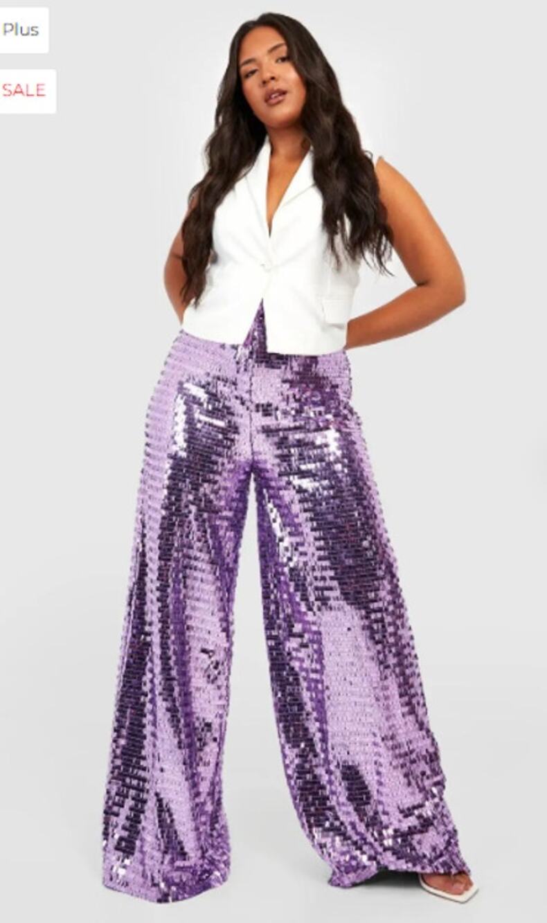 Boohoo Plus Purple Lilac Sequin Wide Leg Floor Sweeping Trousers Size 24